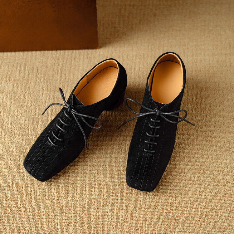 Women's Retro Sheepskin Chunky Heel Square Toe Pumps | Lace-Up Mid Heel Shoes
