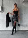 Black faux-leather tie-waist wrap midi skirt