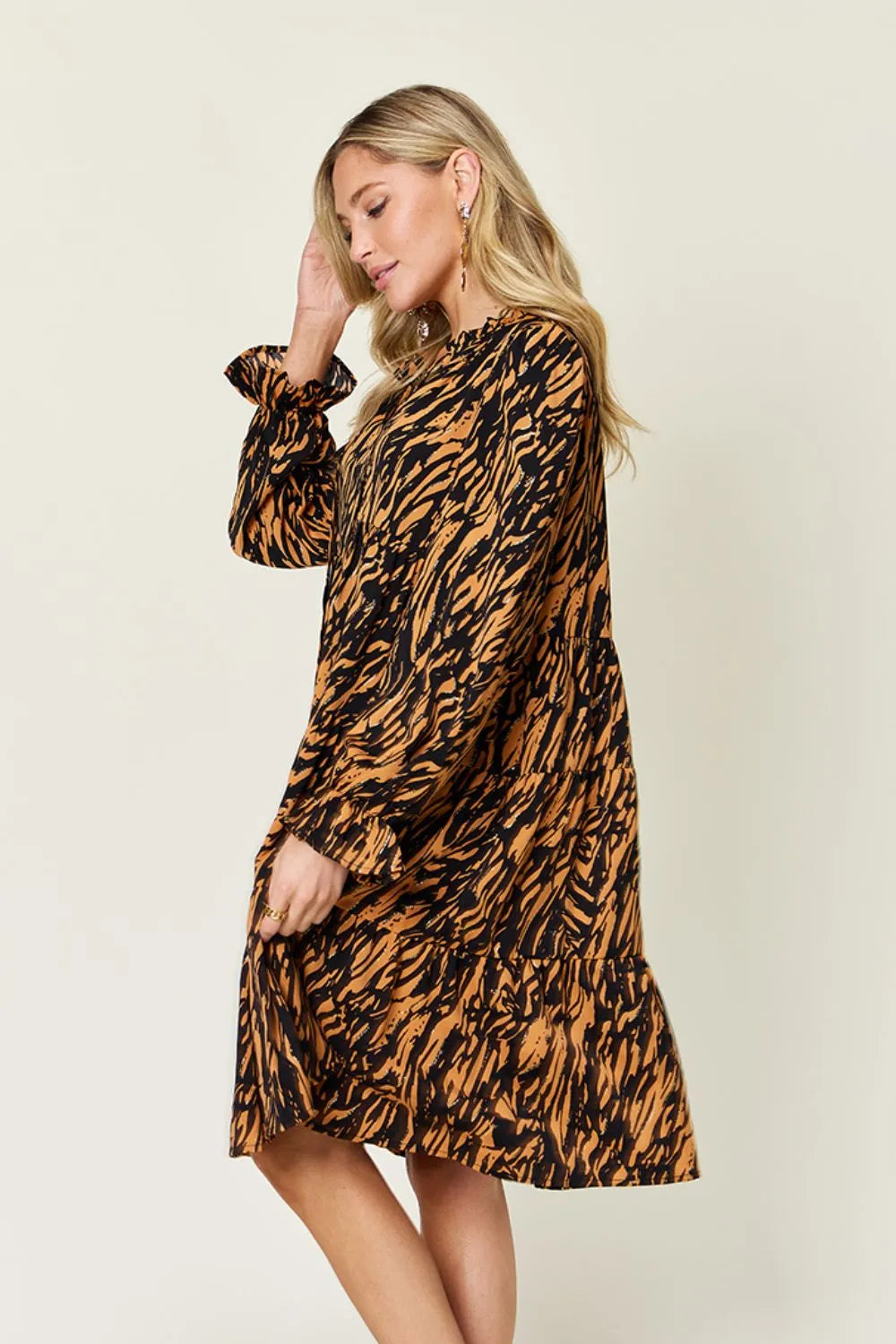 Plus Size Printed Ruffle-Hem Long-Sleeve Dress