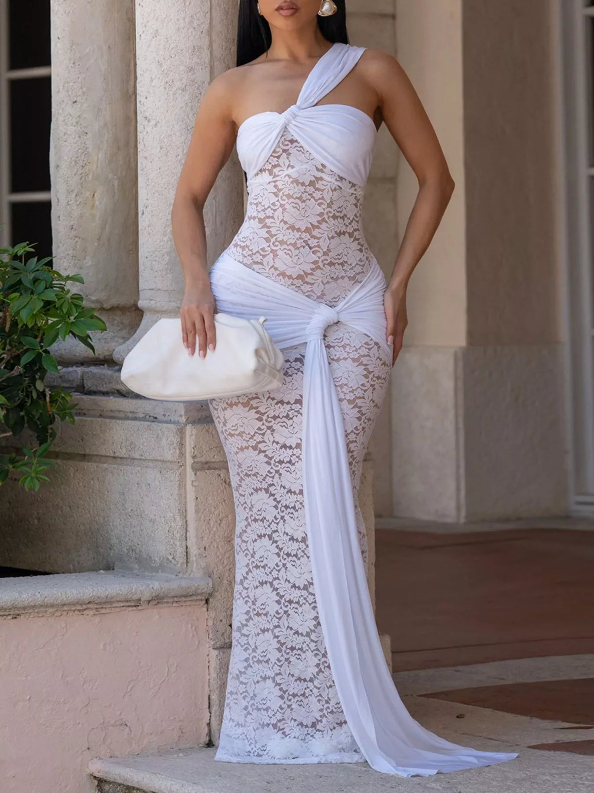One-Shoulder Lace Cutout Maxi Dress