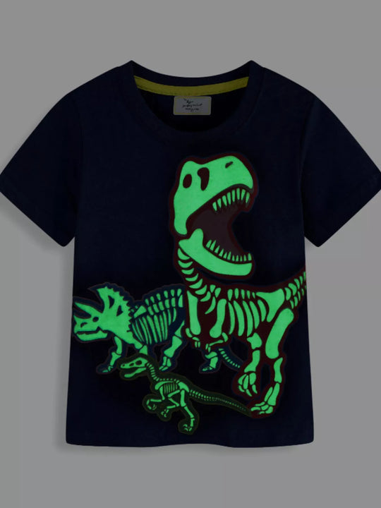 Another view: Glow-in-the-Dark Dinosaur Skeleton T-Shirt — Indigo
