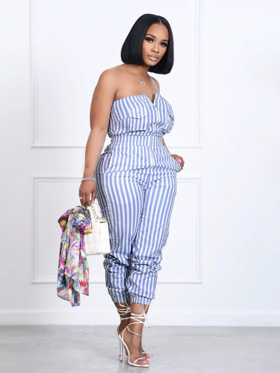 Blue & White Striped Strapless Cargo Jumpsuit