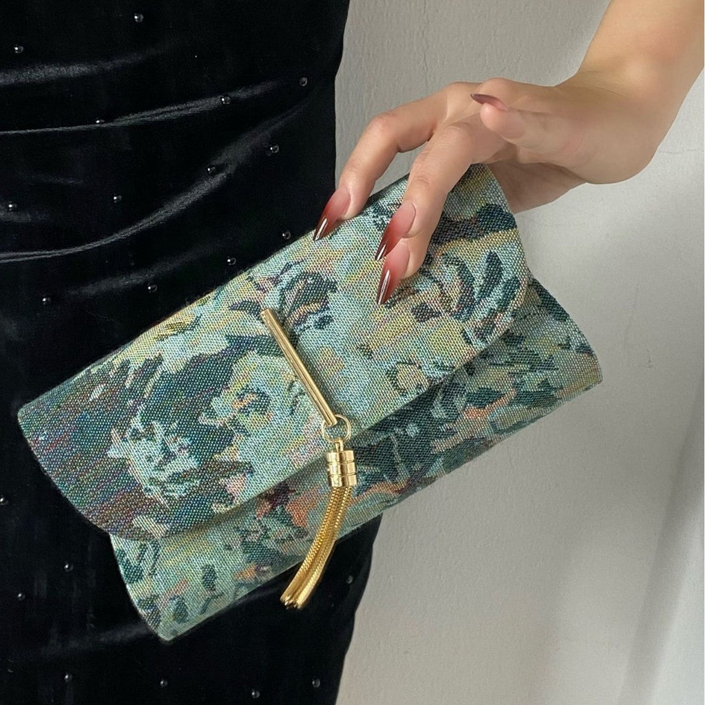 Embroidered Floral Evening Clutch Bag - Rhinestone Chain Shoulder Bag for Women