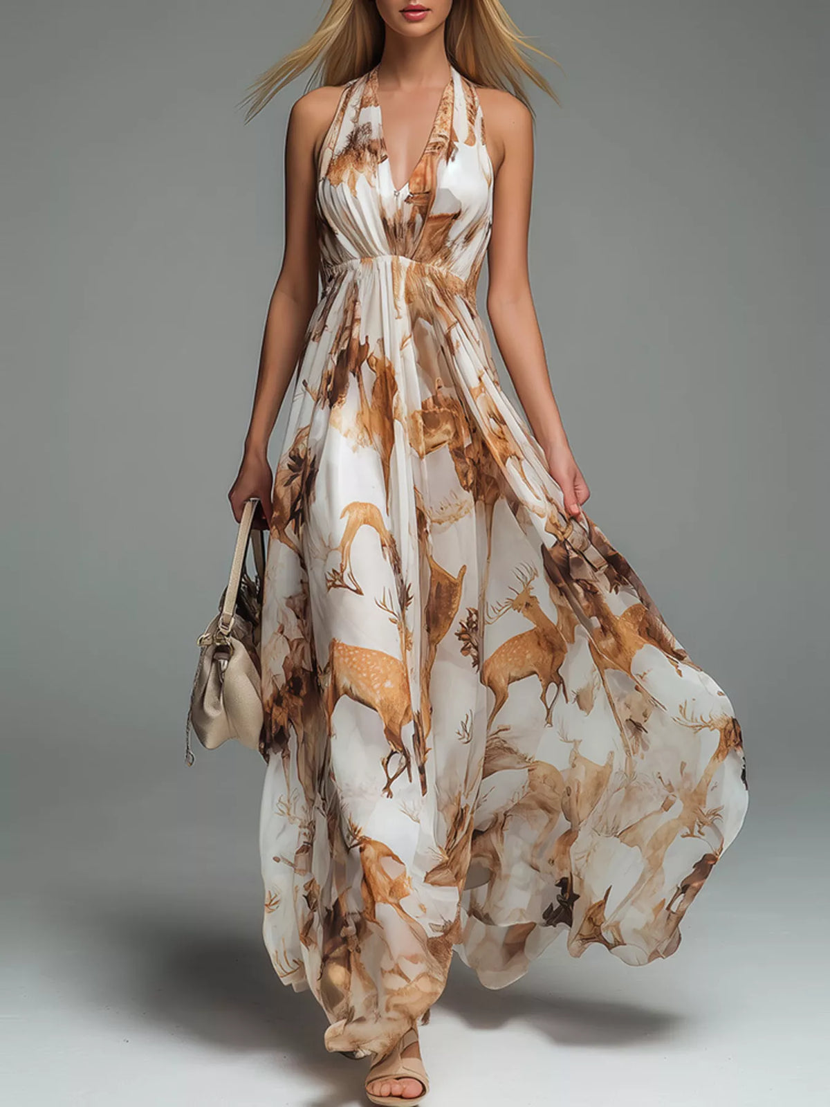 Women's Halter-Neck Printed Flowy Maxi Dress
