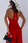 Women's halter-neck wide-leg keyhole jumpsuit