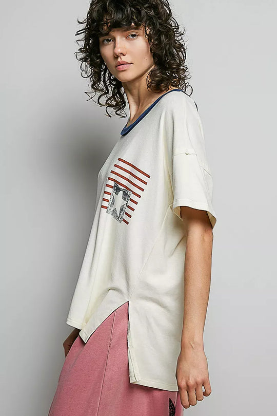 Another view: POL American Flag Color Block Side Slit Cotton Top