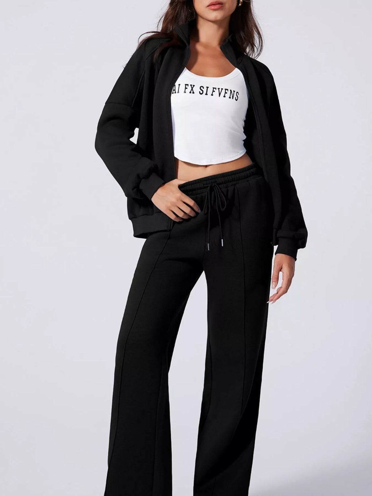 Drop Shoulder Zip-Up Jacket & Drawstring Pants Active Set