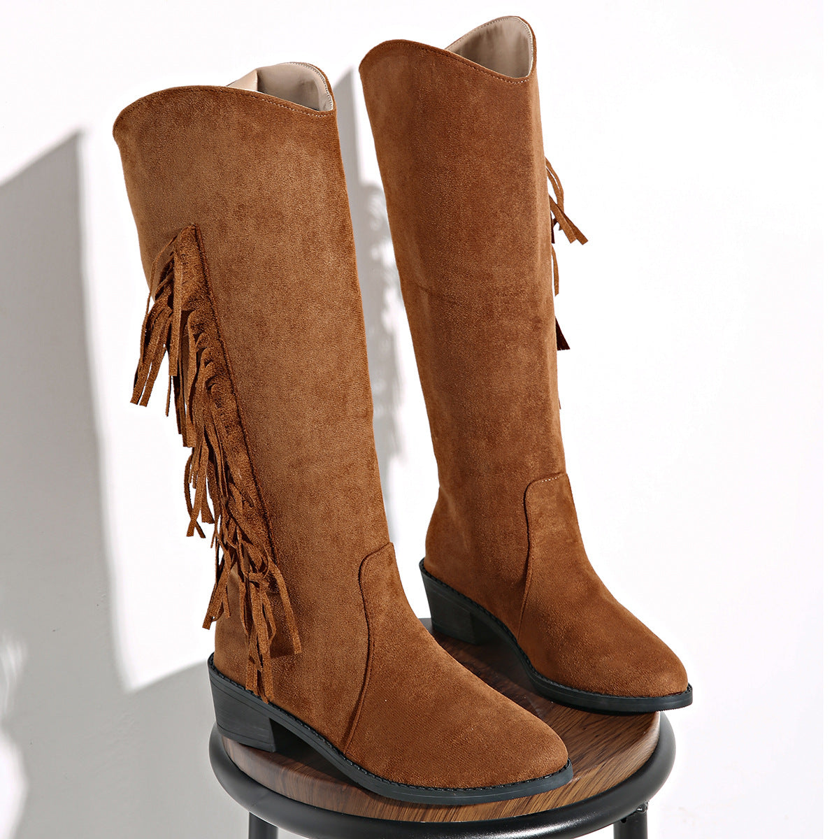 Suede Over-the-Knee Tassel Boots – Women's Brown Chunky Heel Slip-On