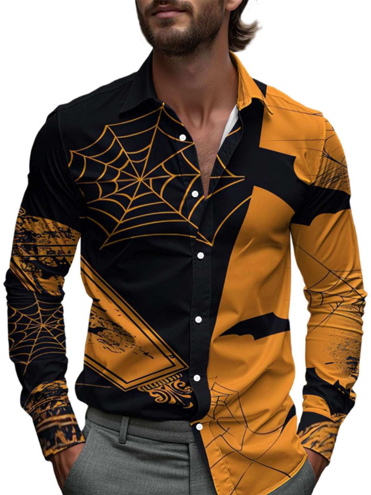 Men's Plus Size Halloween Print Button-Down Shirt