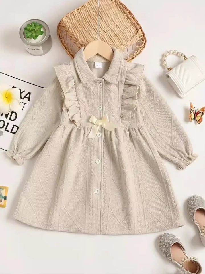 Ruffled Bow Collared Dress — Beige