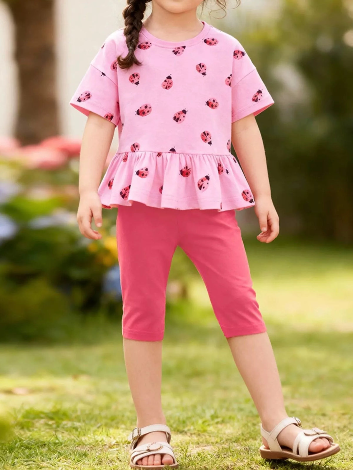 Adventure Club Ladybug Print Ruffle Hem Top & Capri Leggings Set