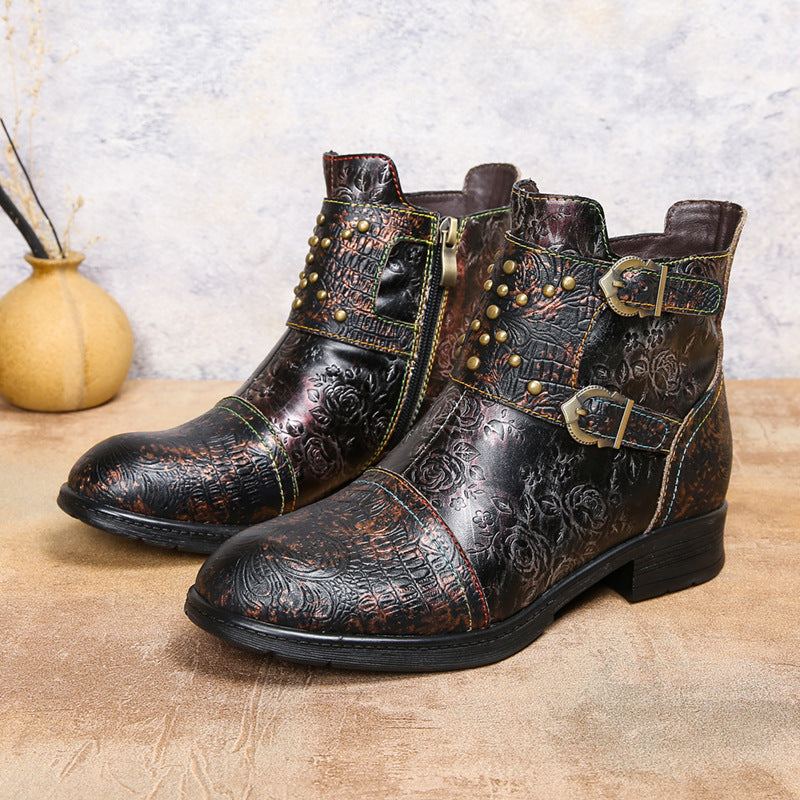 Women's Ethnic Rivet Buckle Boots - Cowhide Leather Fashion Ankle Boots with Side Zipper