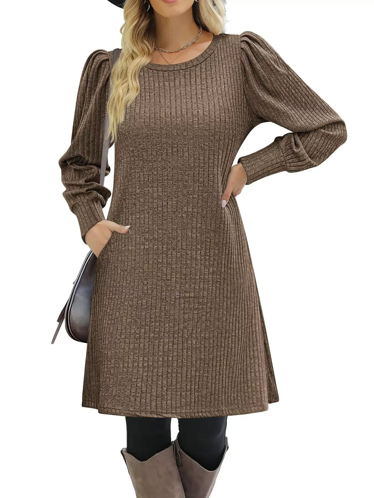 Puff-Sleeve Ribbed Knit Dress with Pockets — photo 18