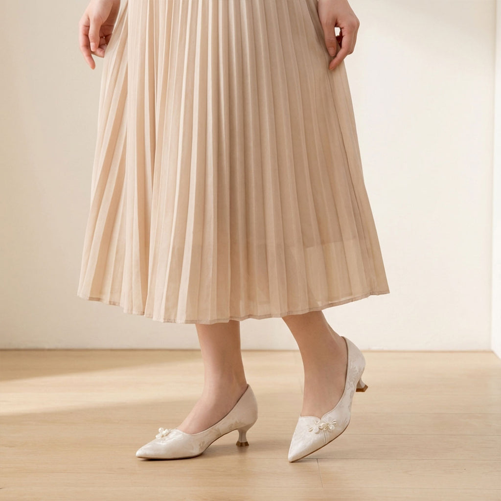 Women's Jacquard Pointed-Toe Kitten Heel Pumps | Floral Pearl Satin Dress Shoes