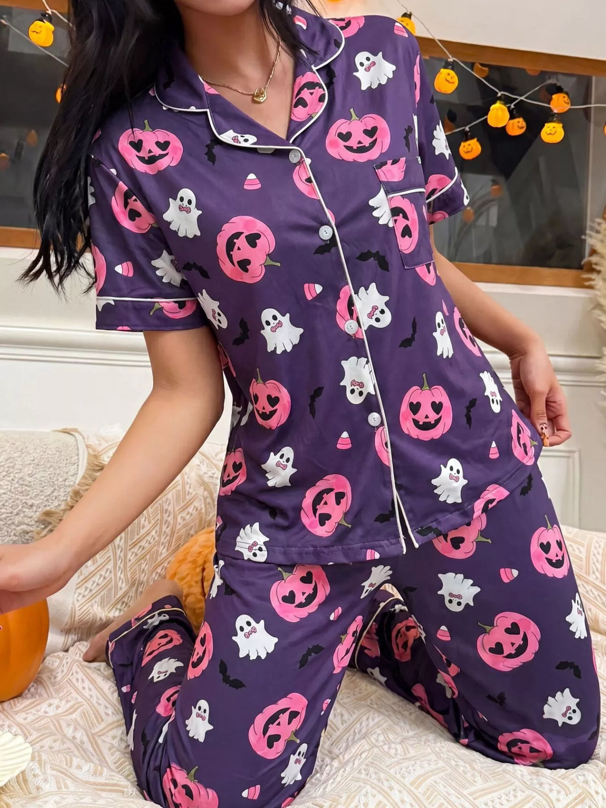 Pumpkin Print Button-Down Lounge Set