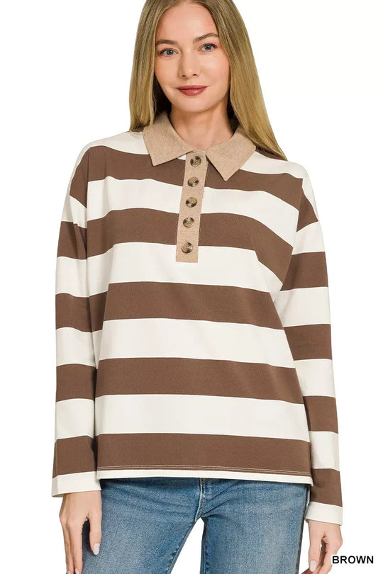 Another view: Zenana Striped Contrast Collar Polo Tee