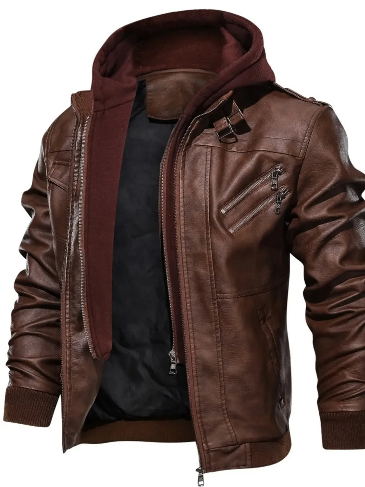 Men's Hooded Faux Leather Biker Jacket — photo 4