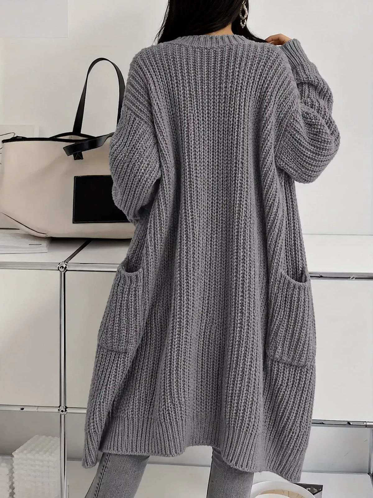 Oversized Openwork Longline Cardigan with Pockets — photo 48