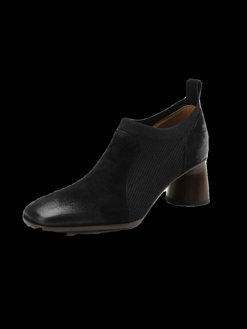 Women's Square Toe Chunky Heel Slip-On Pumps | Knitted Patchwork Leather High Heels | Black & Brown