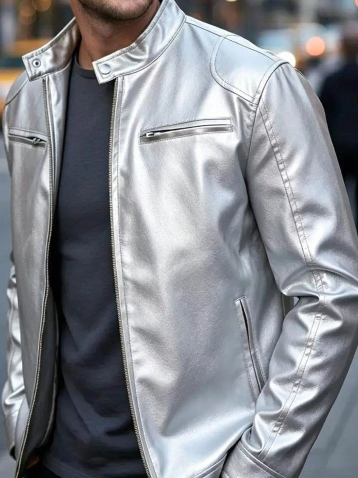 Men's Faux Leather Zip-Pocket Bomber — photo 7