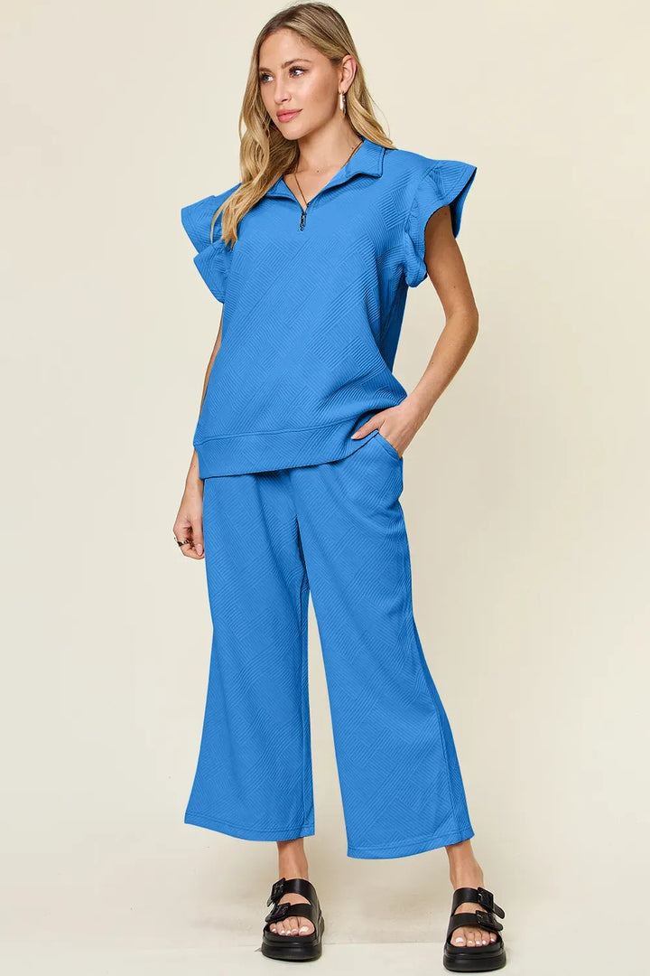 Textured Ruffle Top & Wide-Leg Pants Set — Full Size