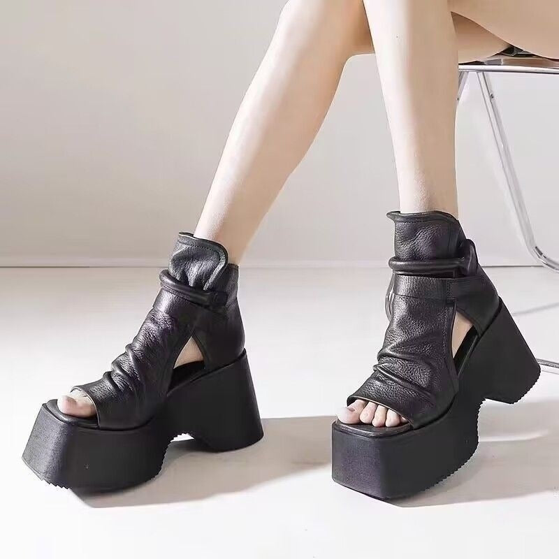 Women's Retro Platform Round Toe High Top Sandals - Korean Style Open Toe Summer Shoes