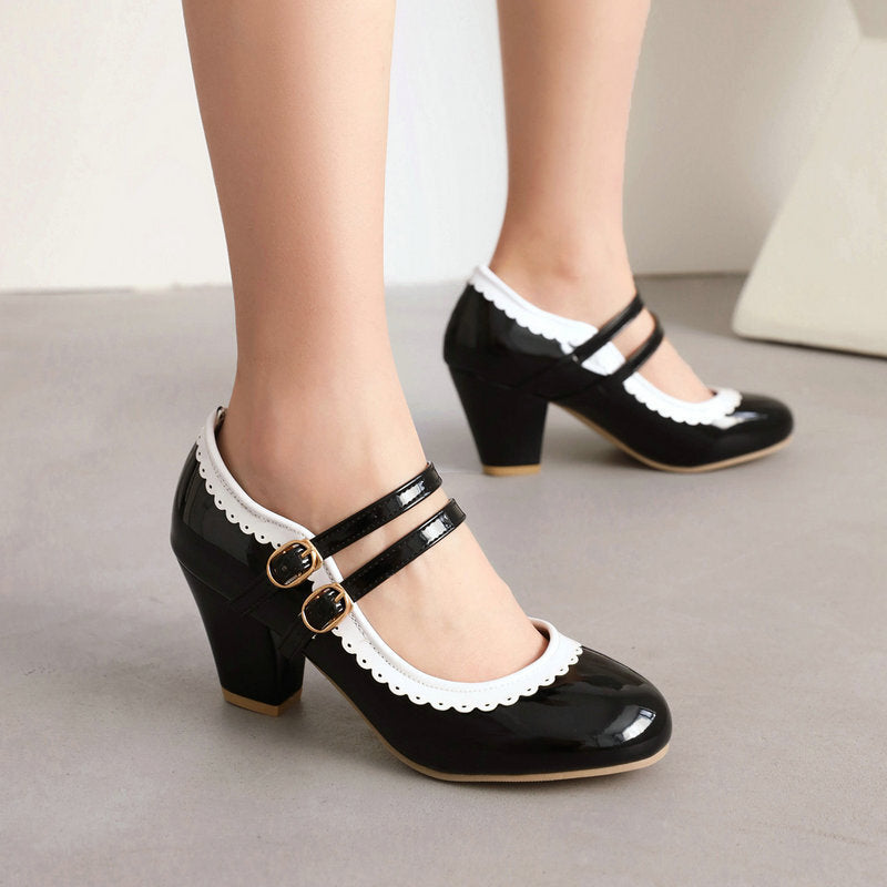 Women's Patent Leather Chunky Heel Mules – Candy Color Round Toe Buckle High Heels