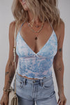 Light blue printed mesh bow-detail halter top