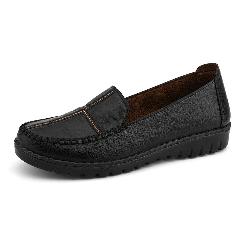 Women's Slip-On Leather Flats - Comfortable Round Toe Wedge Heel Casual Shoes