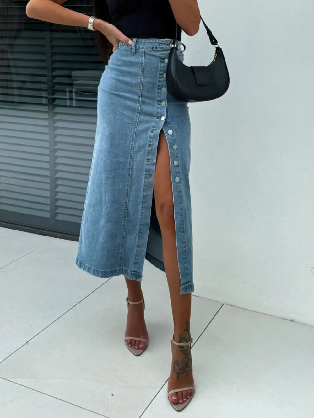 Women's Front-Button Slit Midi Denim Skirt