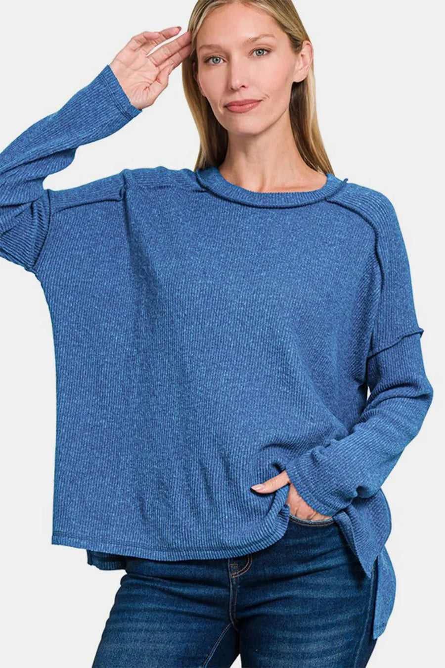 Curve Exposed Seam Brushed Round Neck Sweater — Navy