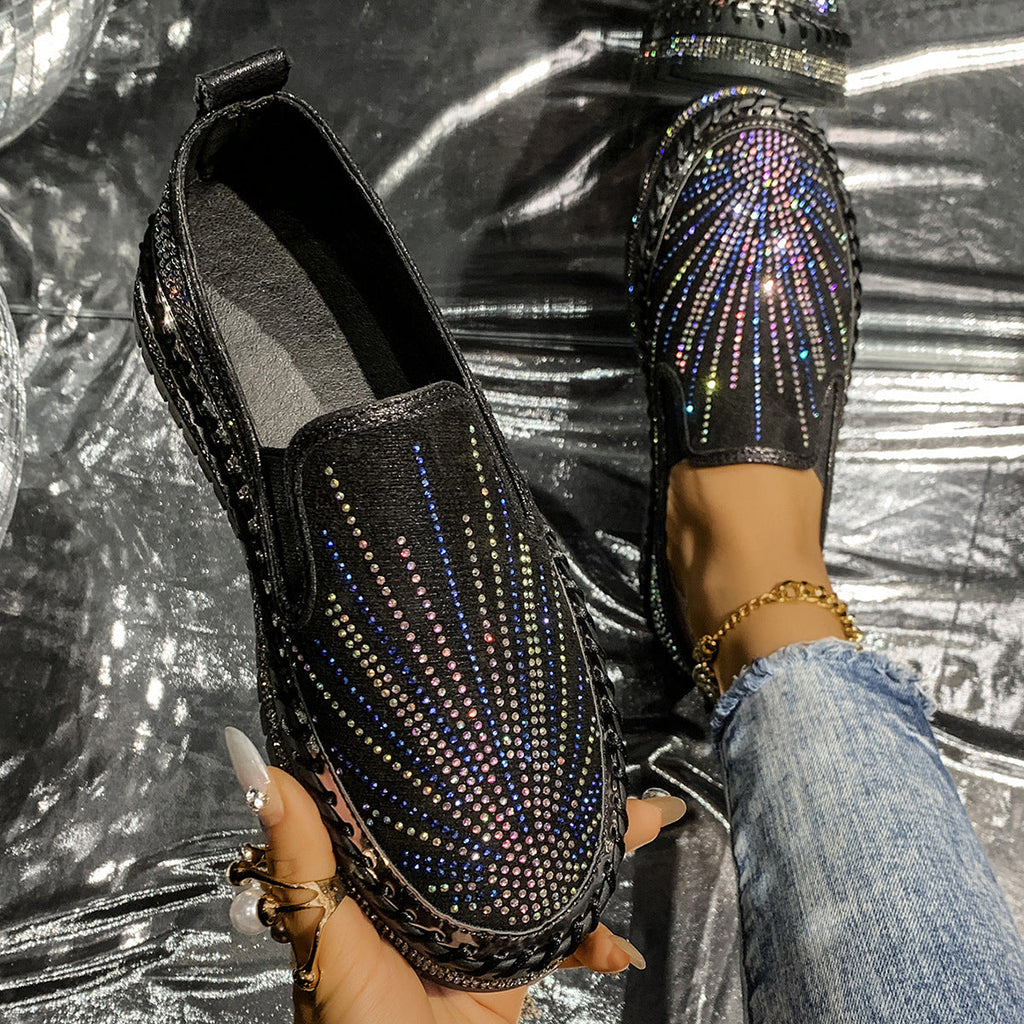 Women's Rhinestone Loafers - Casual Slip-On Dress Shoes with Thick Sole