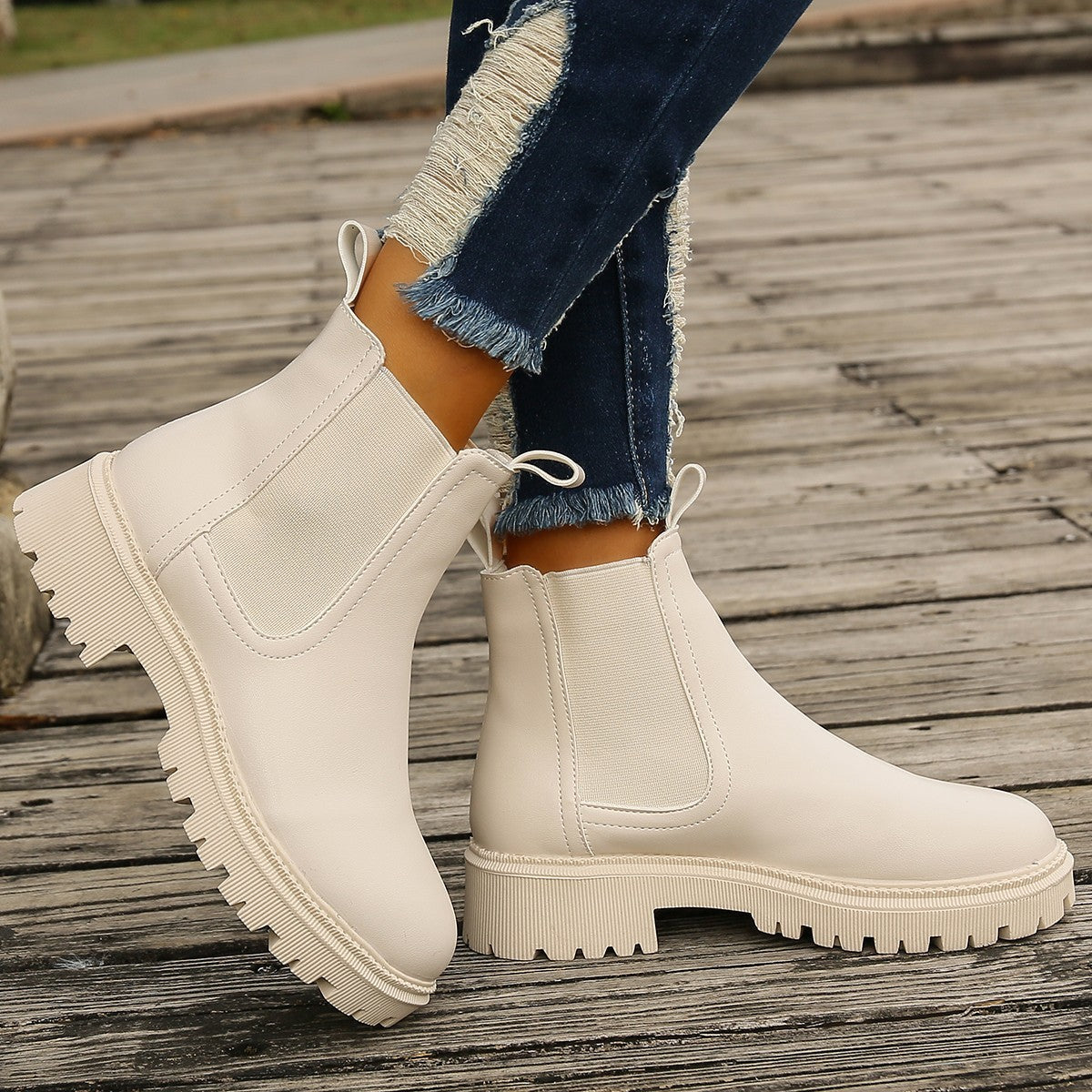 Women's Chunky Heel Martin Ankle Boots – Round Toe Slip-On Block Heel Booties