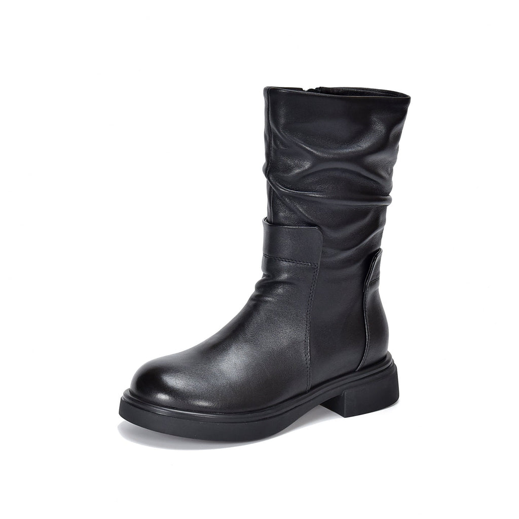 Women's Round Toe Genuine Leather Mid-Calf Boots | Chunky Heel Side Zipper