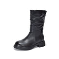 Women's Round Toe Genuine Leather Mid-Calf Boots | Chunky Heel Side Zipper