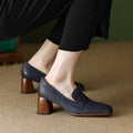 Women's Square Toe Chunky Heel Shoes – Sheepskin Upper, Retro Dress Heels in Blue & Apricot