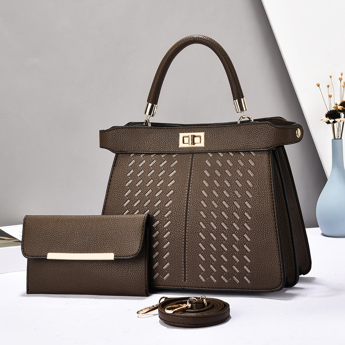 Premium 2-in-1 PU Leather Bucket Bag Set - Crossbody & Handbag with Multiple Compartments