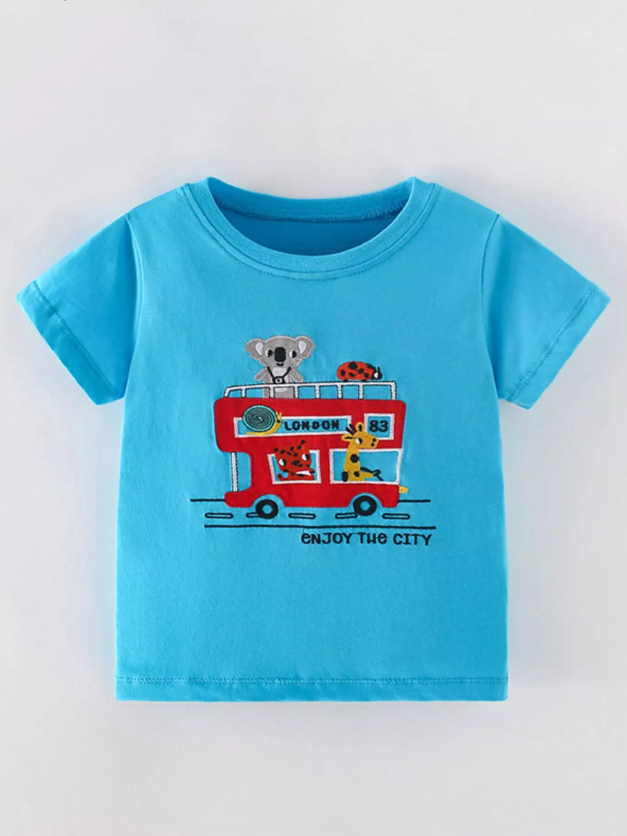 Kids' Embroidered Bus Cotton T-Shirt — Sky Blue