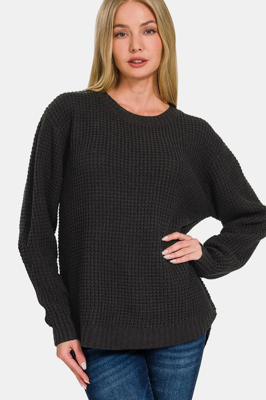 High-Low Long Sleeve Waffle Sweater