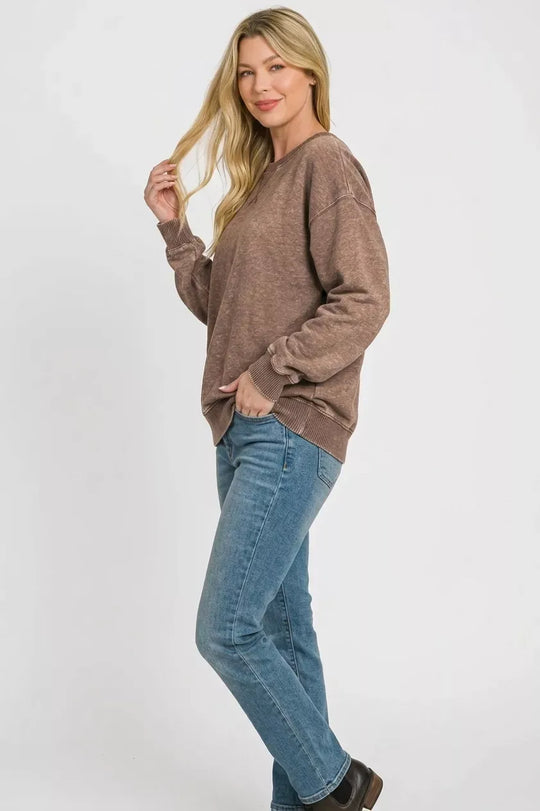 Another view: Zenana Fleece Acid Enzyme Washed Round Neck Sweatshirts