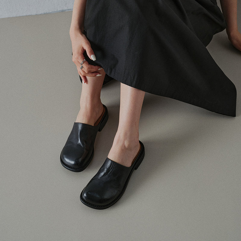 Women's Washed Cowhide Leather Mule Slides | Retro Round-Toe Block Heel Backless Shoes
