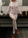 Women's white lace mock-neck long-sleeve jumpsuit