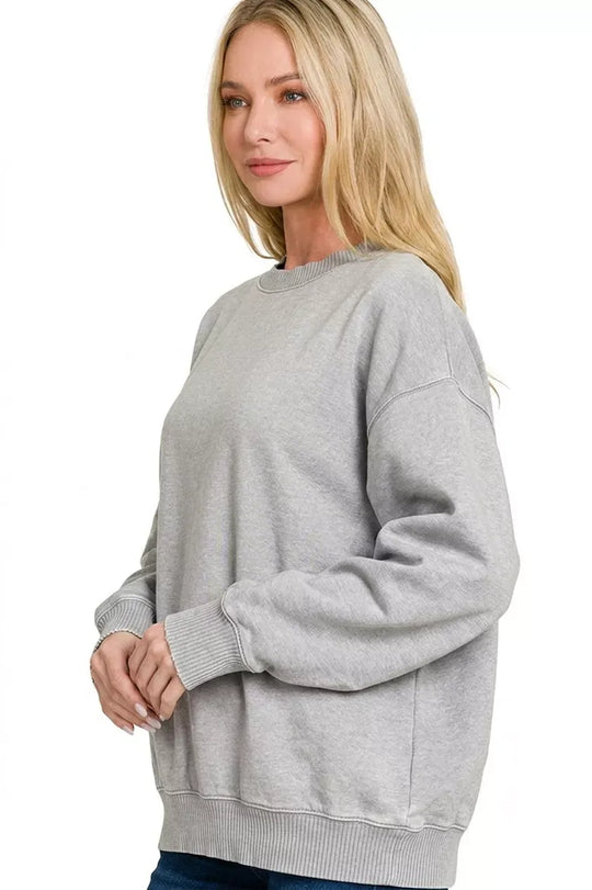 Another view: Zenana Fleece Acid Enzyme Washed Round Neck Sweatshirts