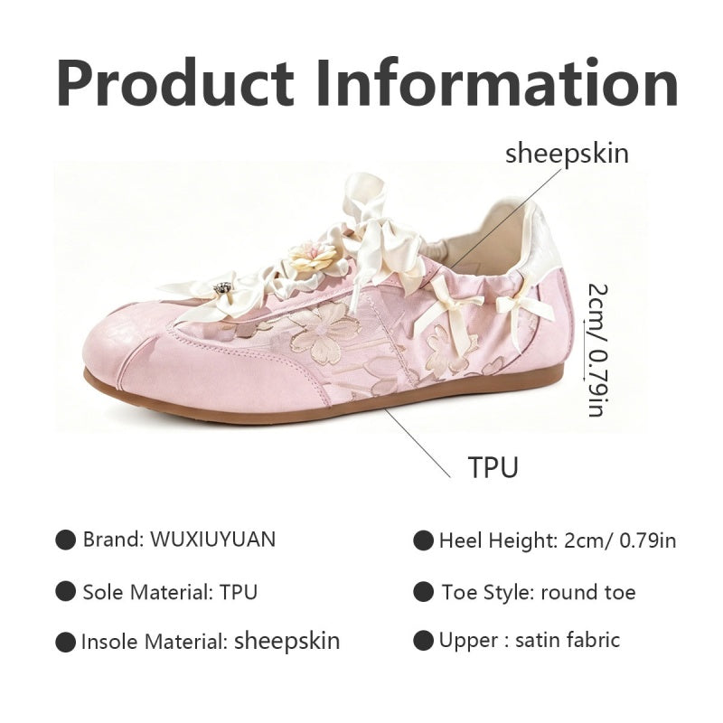 Women's Bow Detail Flat Shoes | Embroidered Fabric Round-Toe Slip-On