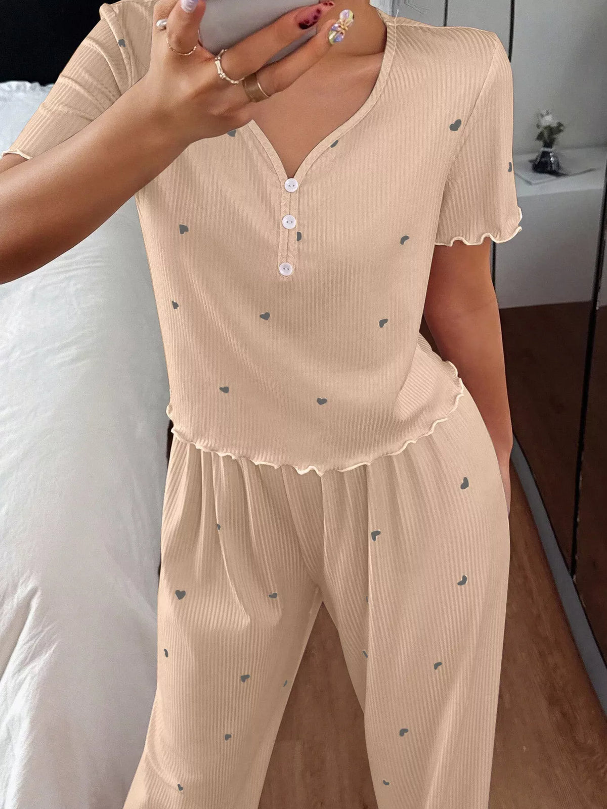 Women's Heart-Print Lettuce-Trim Loungewear Set