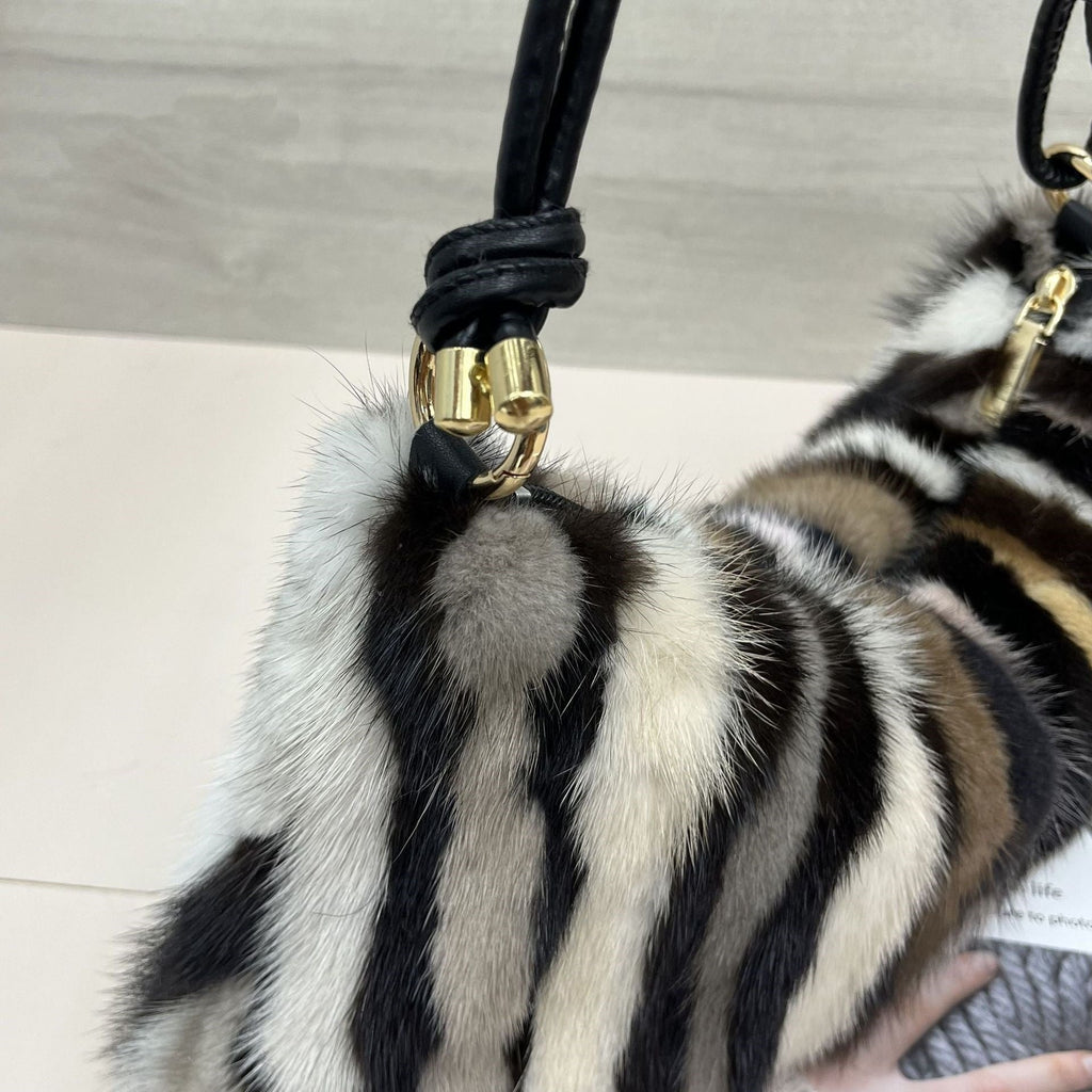 Handheld Plush Baguette Bag – Mink Fur & Synthetic Leather Mini Handbag