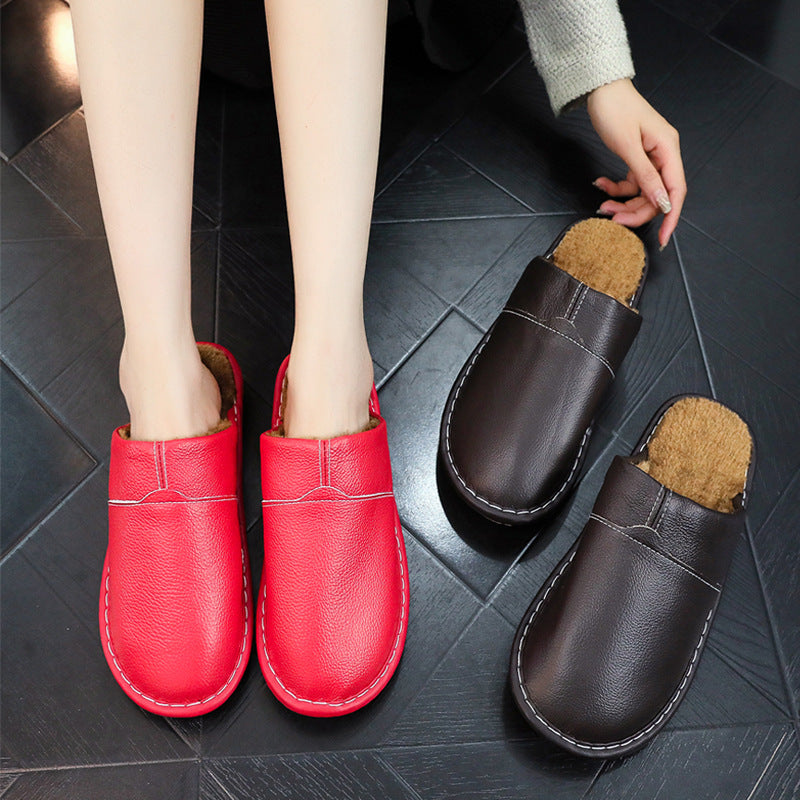 Women's Men's Winter Indoor Leather Slippers | Non-Slip Closed-Toe House Shoes | Cowhide Upper | Couples Slippers