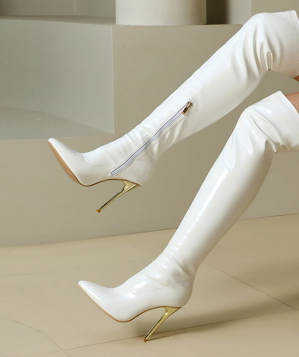 Women's Patent Leather Over-the-Knee Stiletto Boots | Pointed Toe Side Zipper
