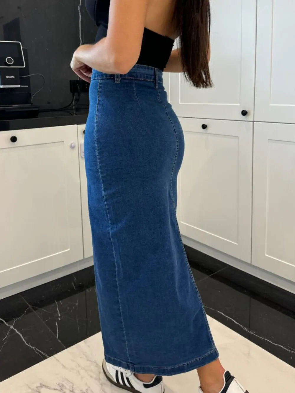 Women's Front-Button Slit Midi Denim Skirt
