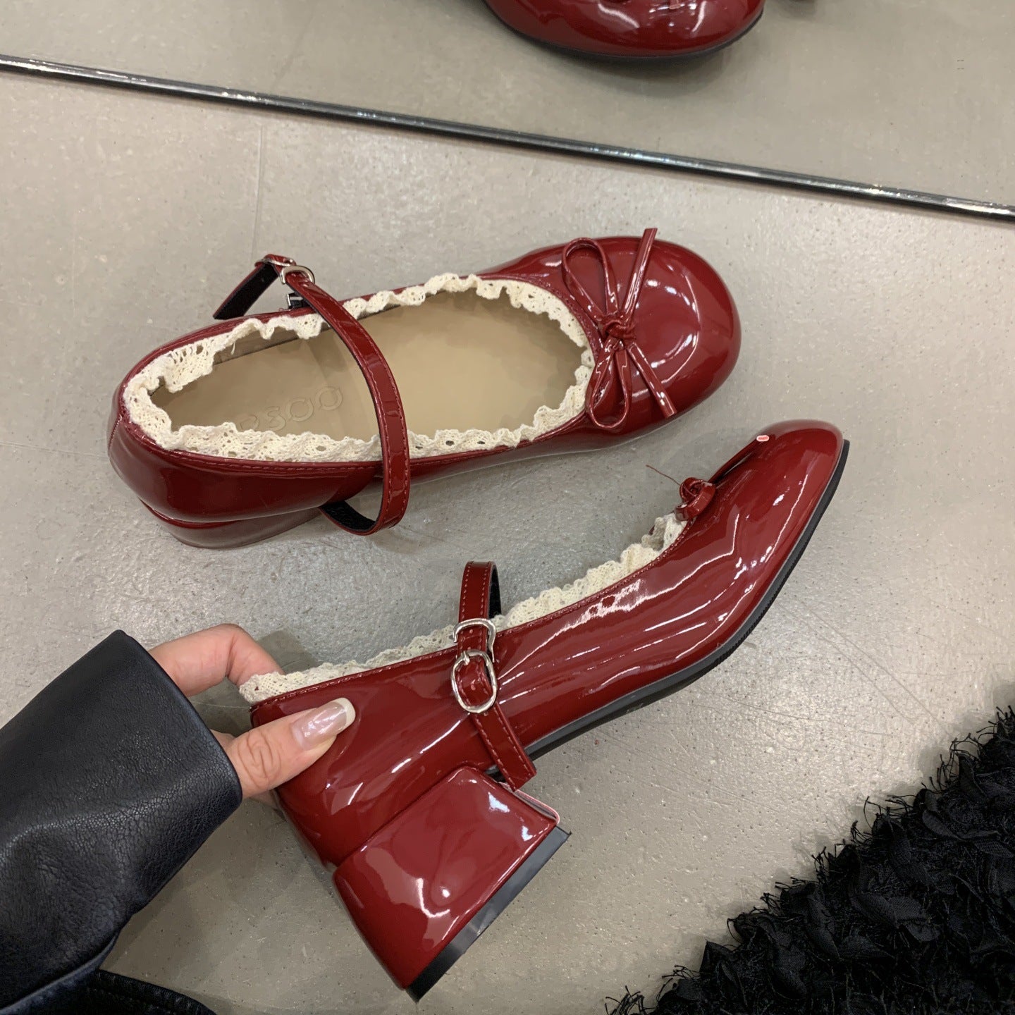 Women's French Lace Bow Mary Jane Shoes | Mid Heel Round Toe PU Leather